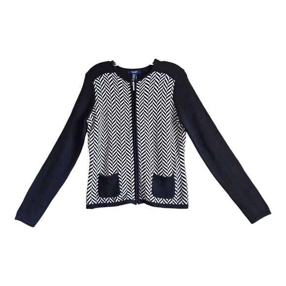 CHAPS by Ralph Lauren Women M Cardigan Sweater Black White Chevron Full Zip 36" - Picture 1 of 7